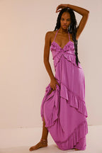 Solid Color V Neck Backless Strappy  Boho Dress