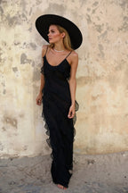 Sexy Backless Slit Fitted Spaghetti Strap Chiffon Ruffled Party Dress
