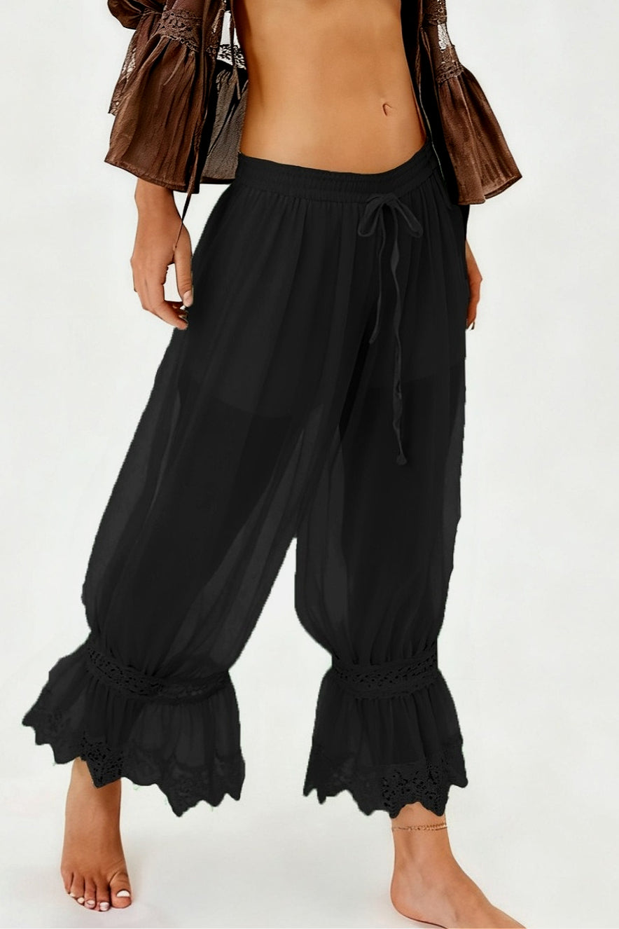 Sheer Mesh Lace Floral Panel Lined Pants