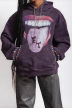 Graphic Mouth Print Studded Pullover Hoodie