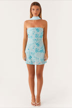 Sequin Embroidered Strapless Scarf Panel Mini Dress