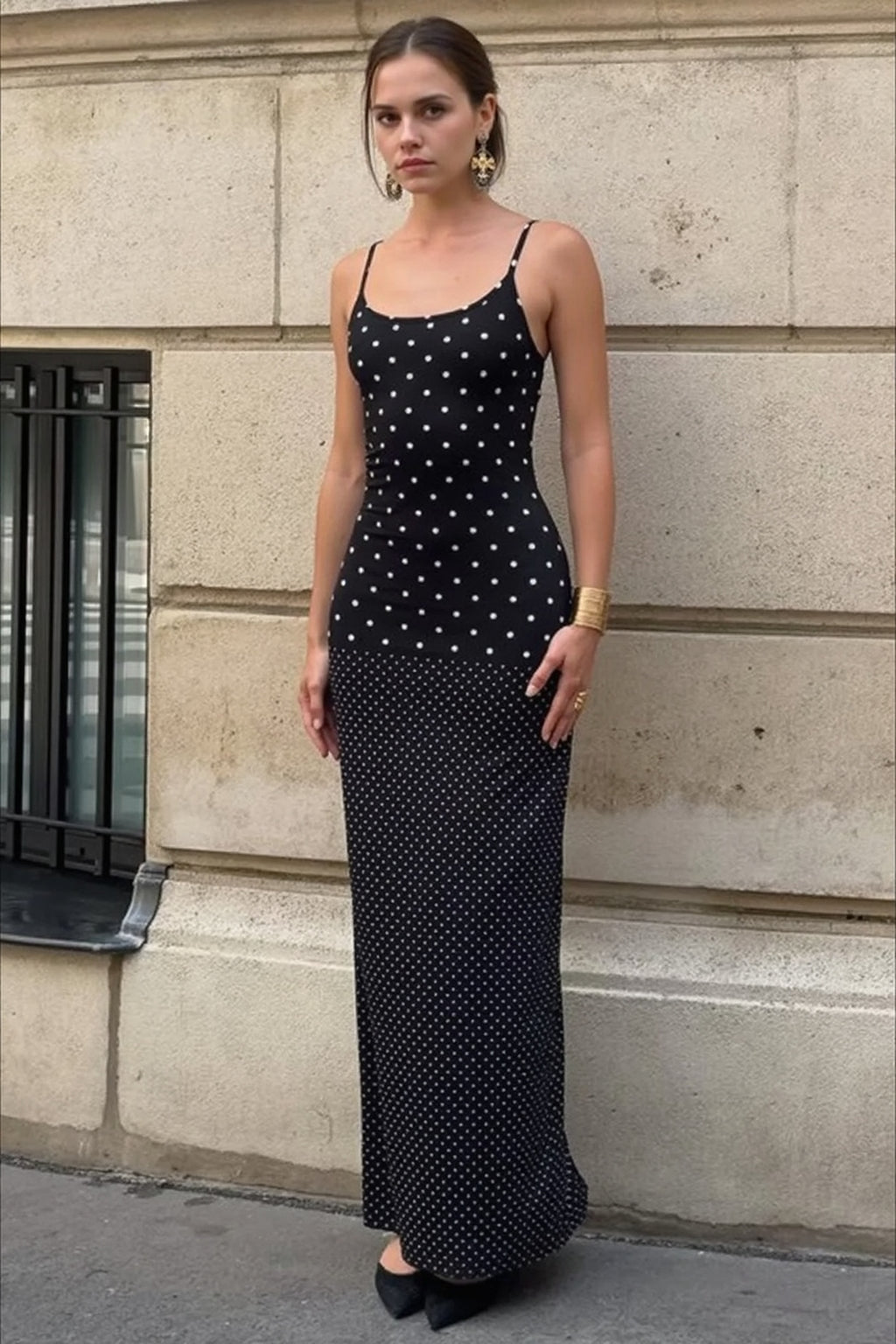 Retro Polka Dot Long Body Hugging Slip Dress