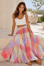 Elastic Waist Colorful Plaid Flared Maxi Skirt