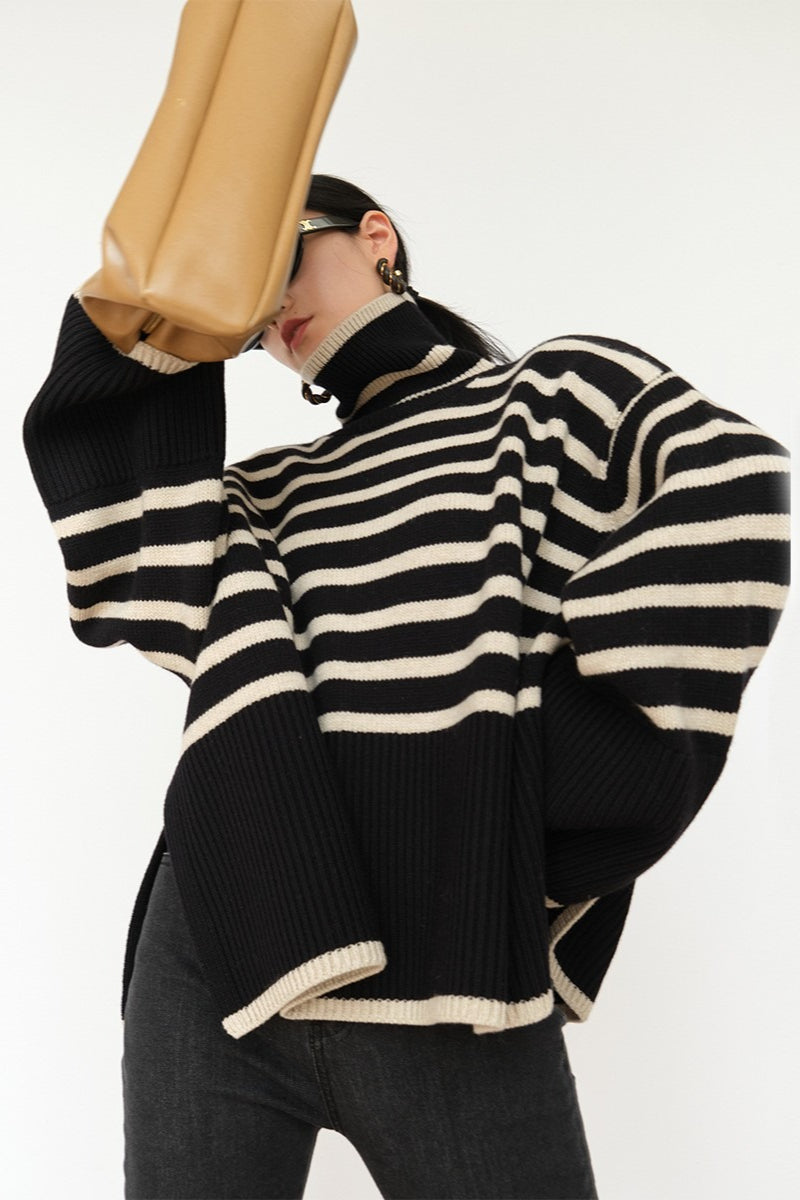 Striped Turtleneck Oversized Contrast Hem Knit Sweater