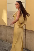 Draped Neck Backless Waist Cinch Elegant  Formal Dress