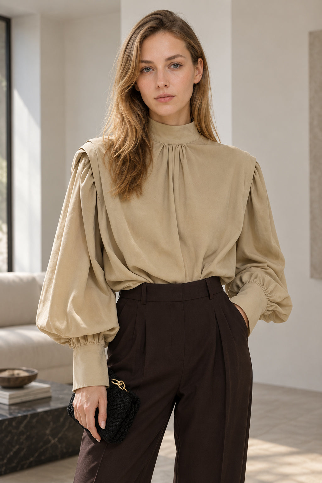 Elegant Blouse Black Sleeves Blouse Lantern Oversized and Vintage with Up Button Women's Detail