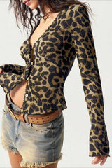 Leopard Print Mesh Button Front Crop Top