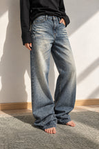 Embroidered Slouchy Straight Denim Trousers