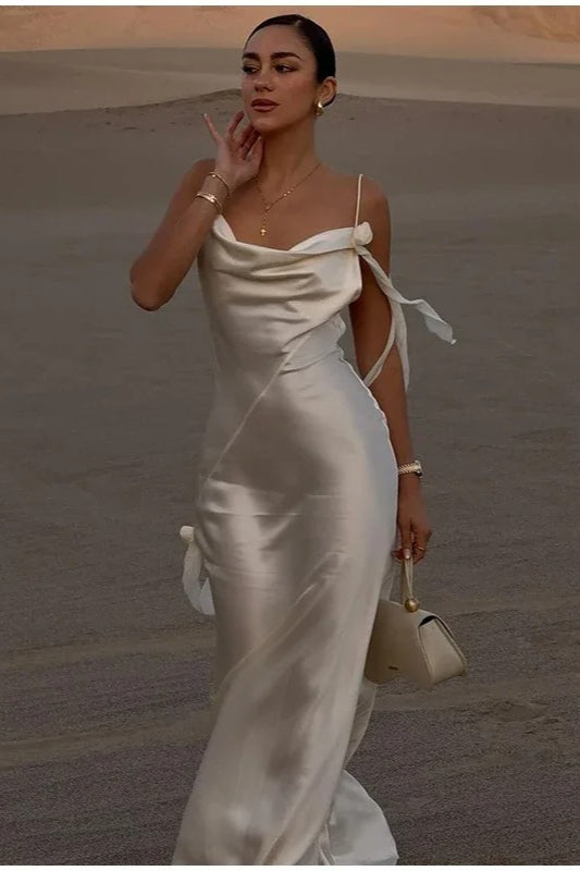 Elegant White Satin Backless Maxi Dress Main image