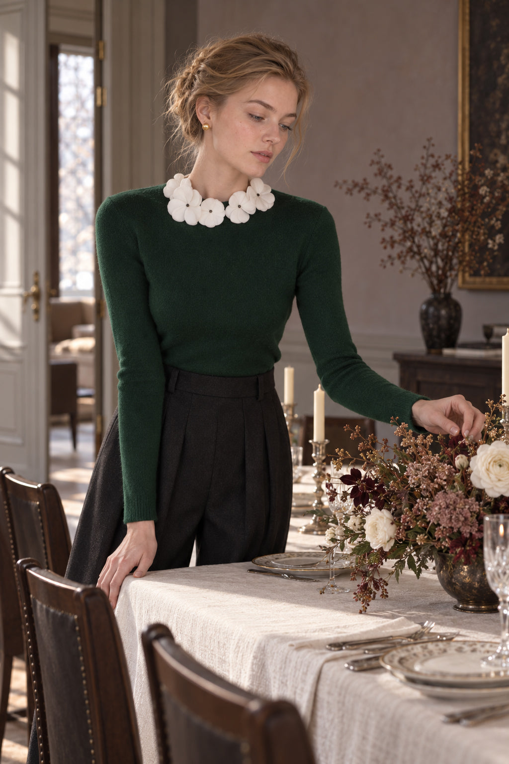 Solid Long Sleeve Floral Knit Top