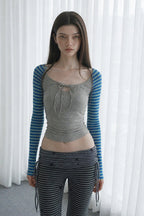 Striped Sleeve Tie Front Cropped Long Sleeve T-Shirt