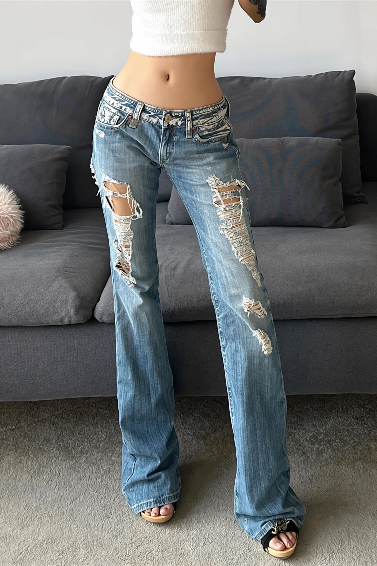 Shredded Vintage Wash Low Rise Flare Jeans