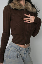 Faux Fur Collar Ribbed Zip Cardigan Sweater