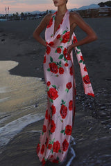 Printed Halter Backless Sexy Maxi Silk Dress