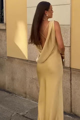 Draped Neck Backless Waist Cinch Elegant Sexy Formal Dress