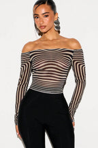 Striped Mesh Off Shoulder Long Sleeve T-shirts