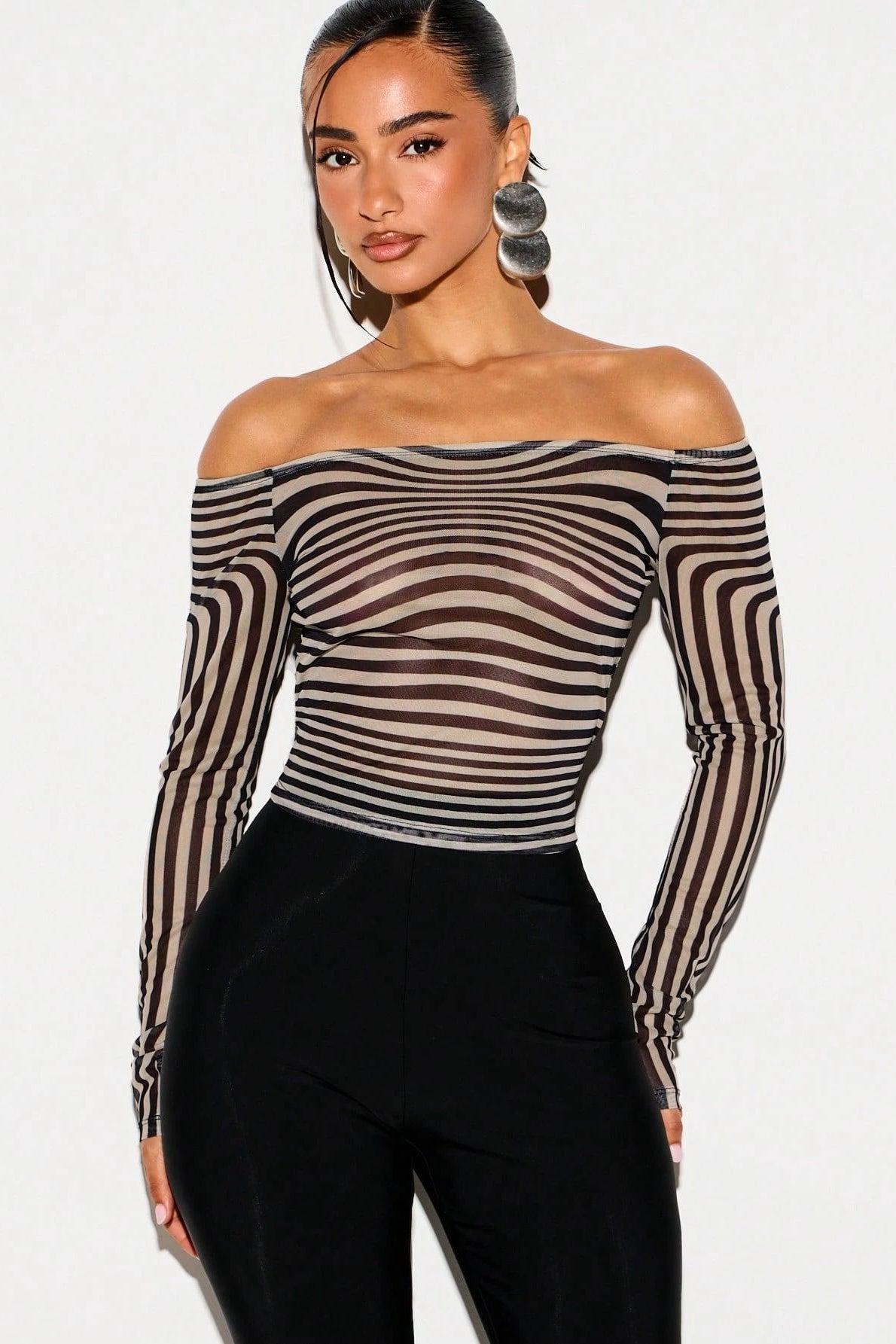 Striped Mesh Off Shoulder Long Sleeve T-shirts