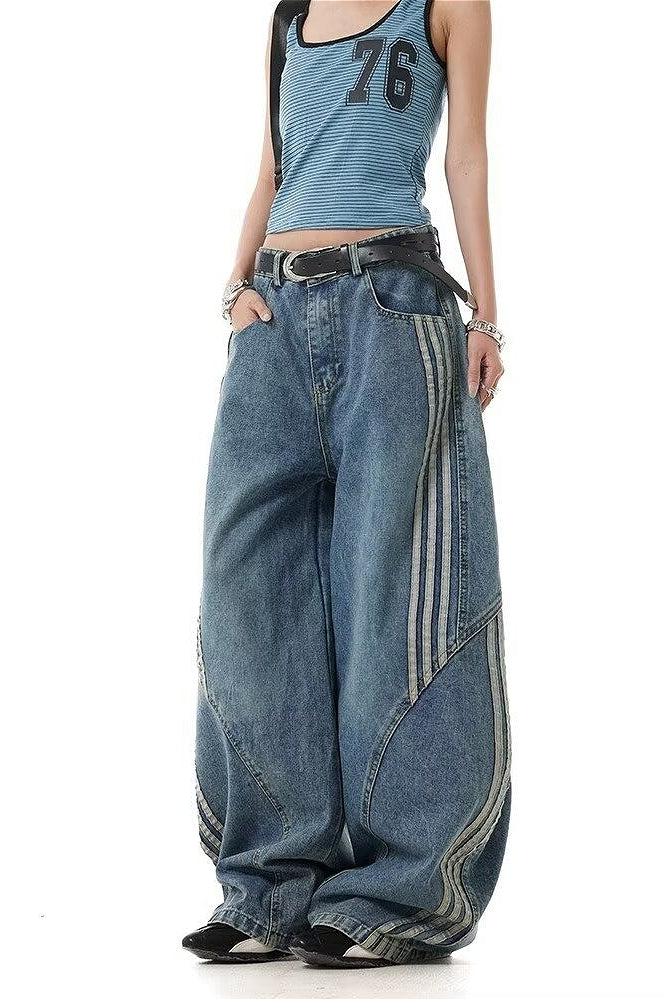 Deconstructed Stripe Panel Wide Leg Jeans