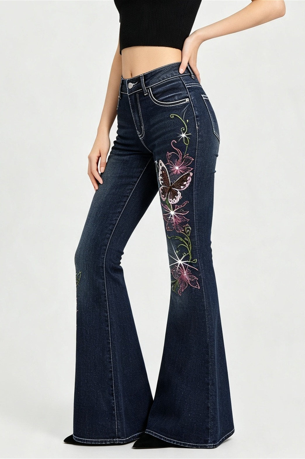 Butterfly Embroidered Stretch Slim Flare Jeans Secondary image