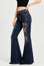 Butterfly Embroidered Stretch Slim Flare Jeans