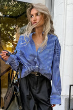 Blue White Stripe Button Blouse