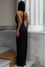 V Neck Backless Hooded Bodycon Dress