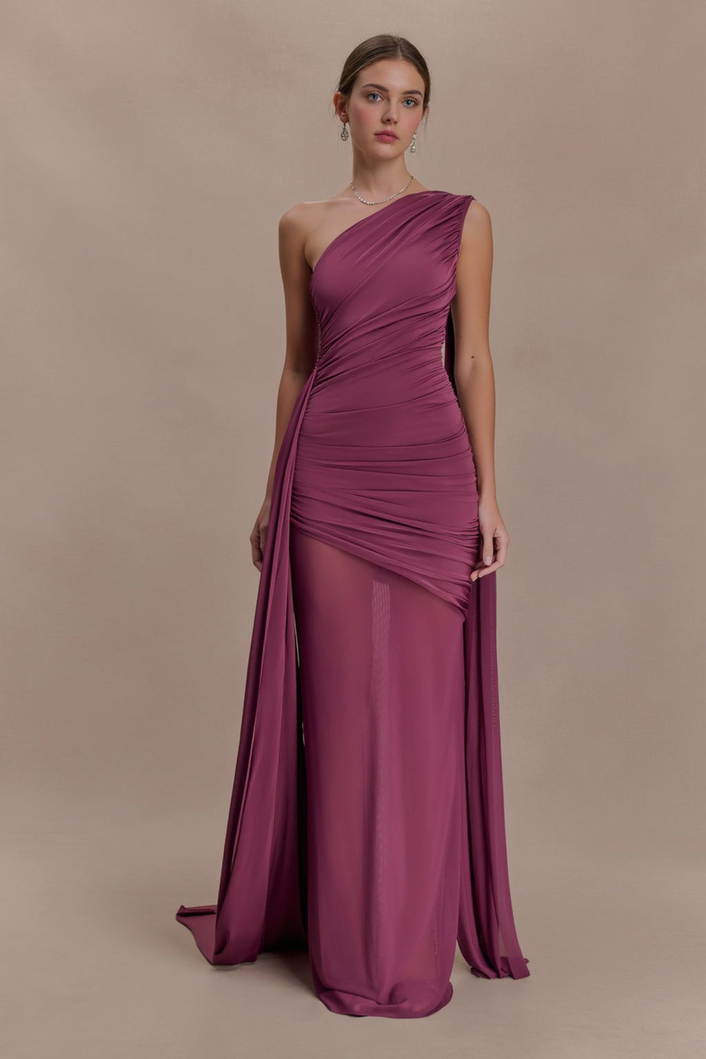 Elegant Mesh Paneled One Shoulder Cape Fitted Party Dress
