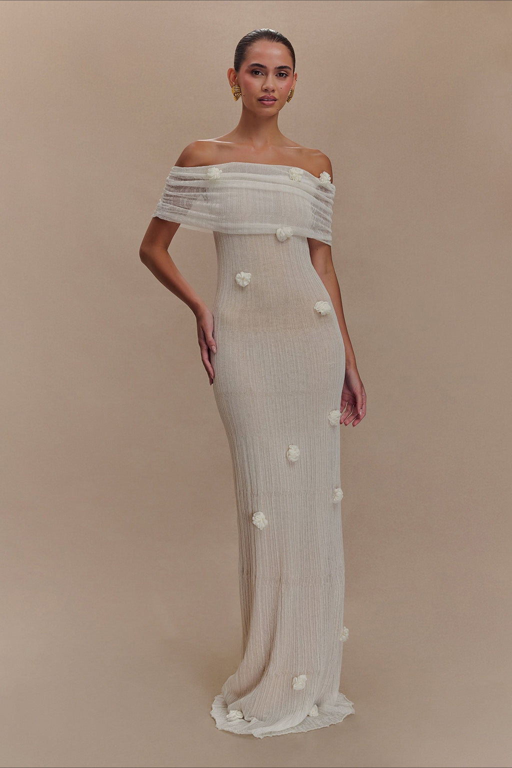 Floral Applique Off Shoulder Knit Maxi Dress