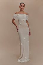 Floral Applique Off Shoulder Knit Maxi Dress