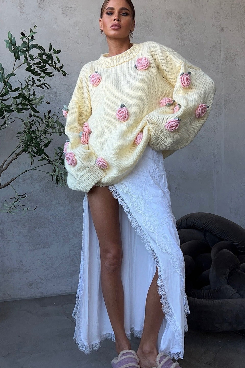 3D Floral Appliqué Knit Sweater Main image