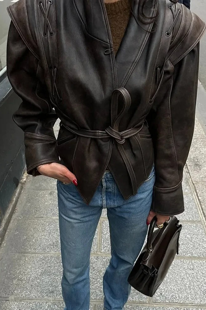 Vintage V-neck Belted Faux Leather Jacket Main image