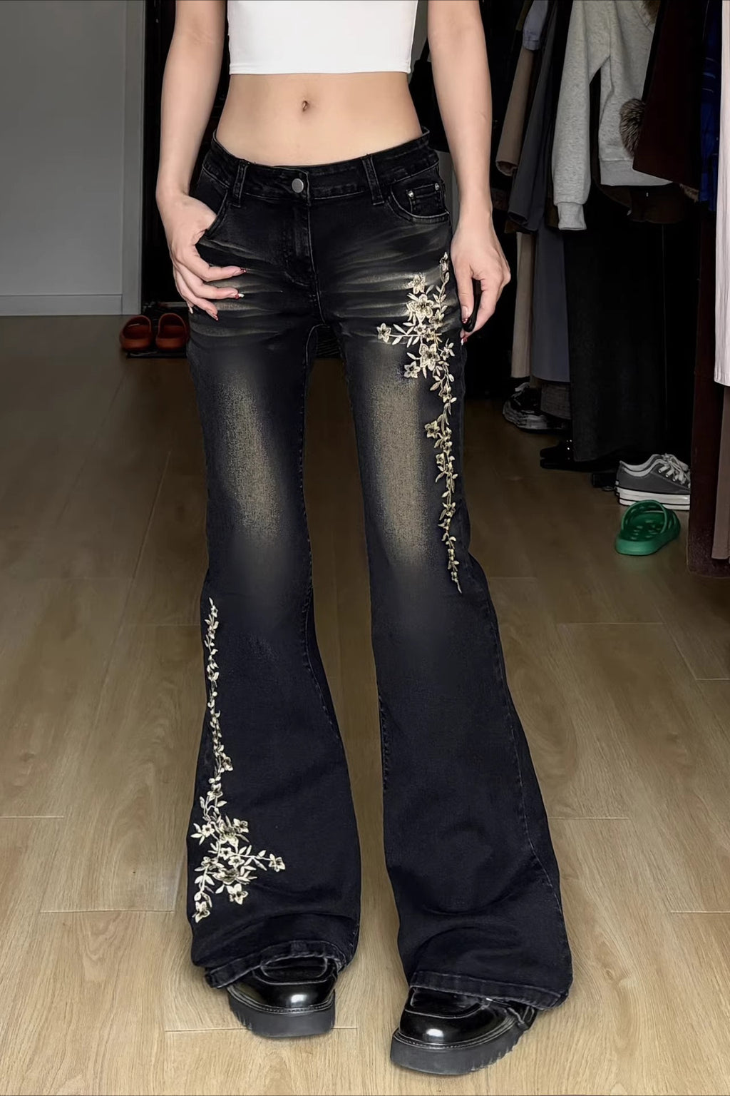 Floral Embroidered Low Rise Flare Leg Jeans
