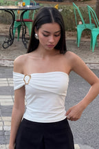 Ring-Detail Off-Shoulder Ruched Crop Top