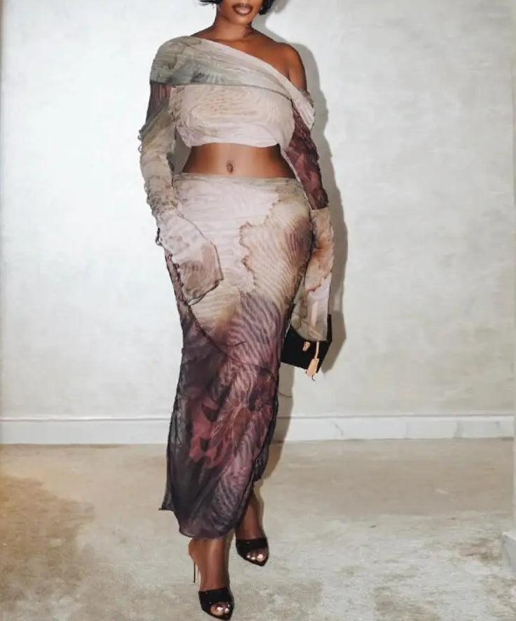 Aesthetic Print Drawstring Maxi Two Piece Skirt Set Main image