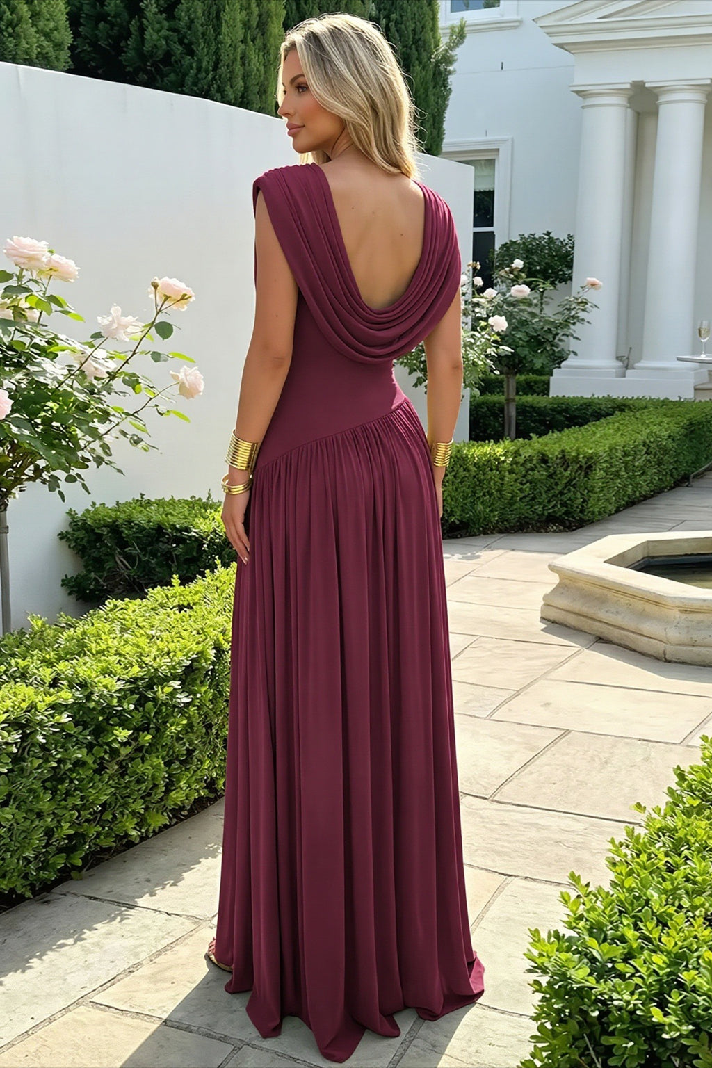 Draped Asymmetric Neck Side Slit Maxi Dress