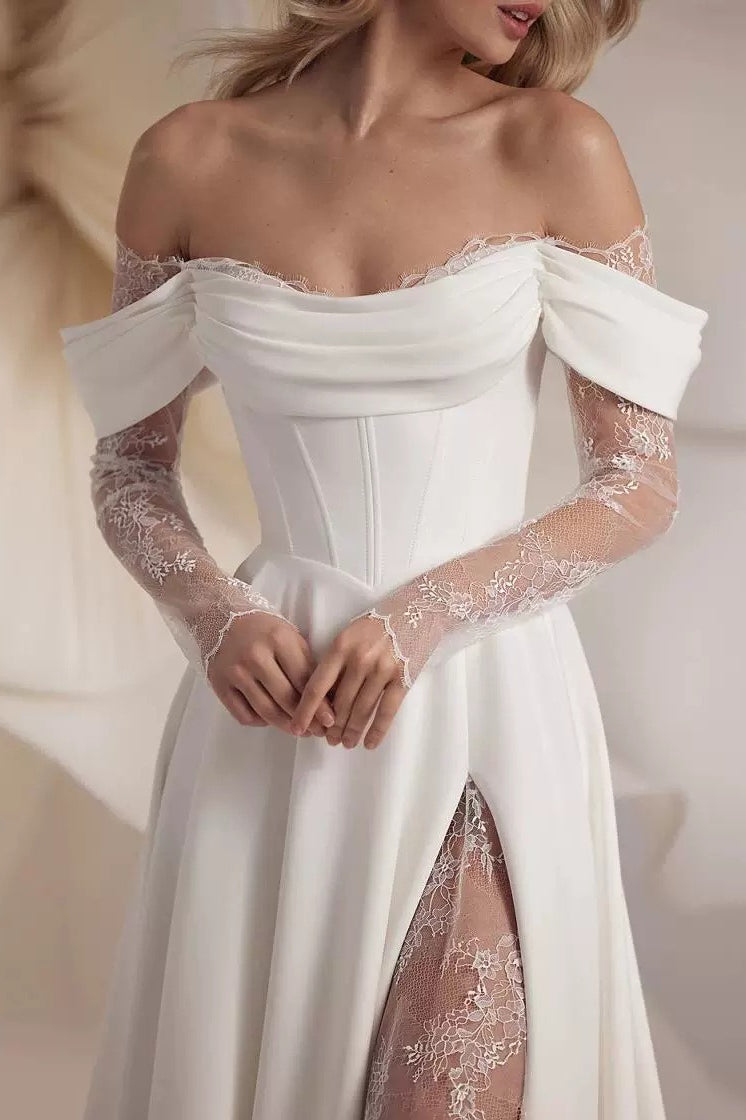 Off Shoulder Train Elegant White Wedding Dress Secondary image