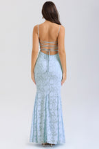 Strapless Lace Backless Waist Tie Maxi Lace Dress