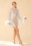Round Splicing Neck Furry Hollow Mesh Glitter Arm Women's See-through Long Dress