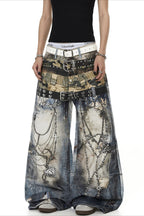 Double Waist Chain Print Wide Leg Jeans