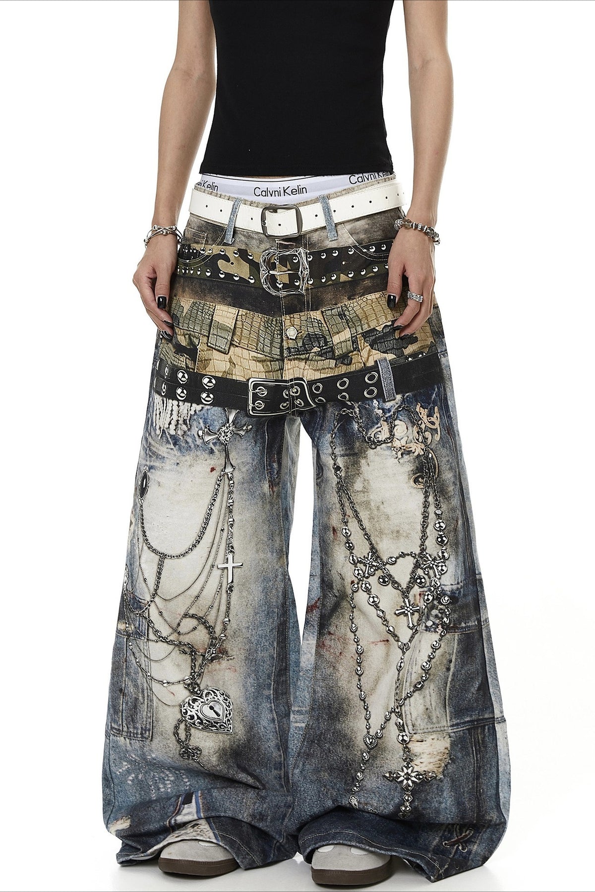 Double Waist Chain Print Wide Leg Jeans