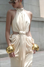 High Neck Twist Front Cut Out Reception Dress