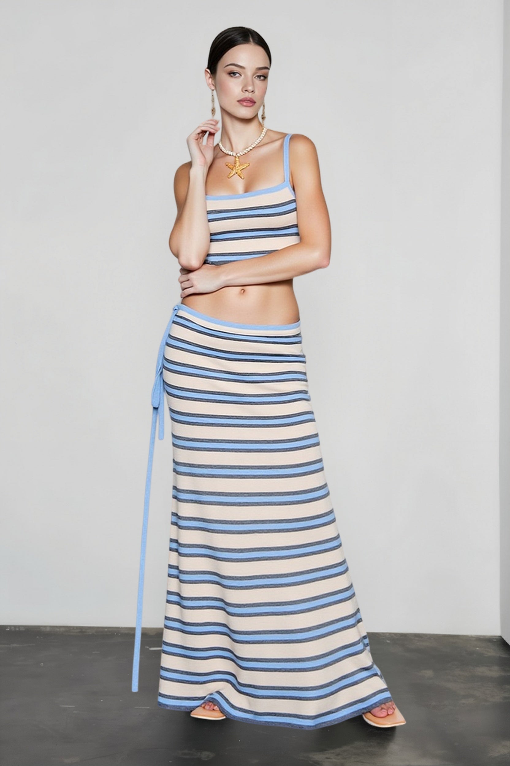 Knit Stripe Crop Camisole High Waist Tie Skirt Vacation Set Secondary image