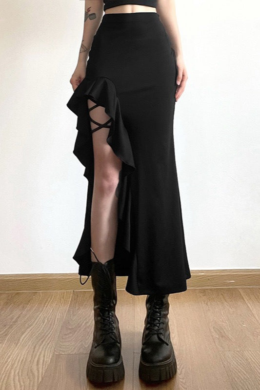 Black Ruffle Trim Slit Bodycon Skirt Secondary image