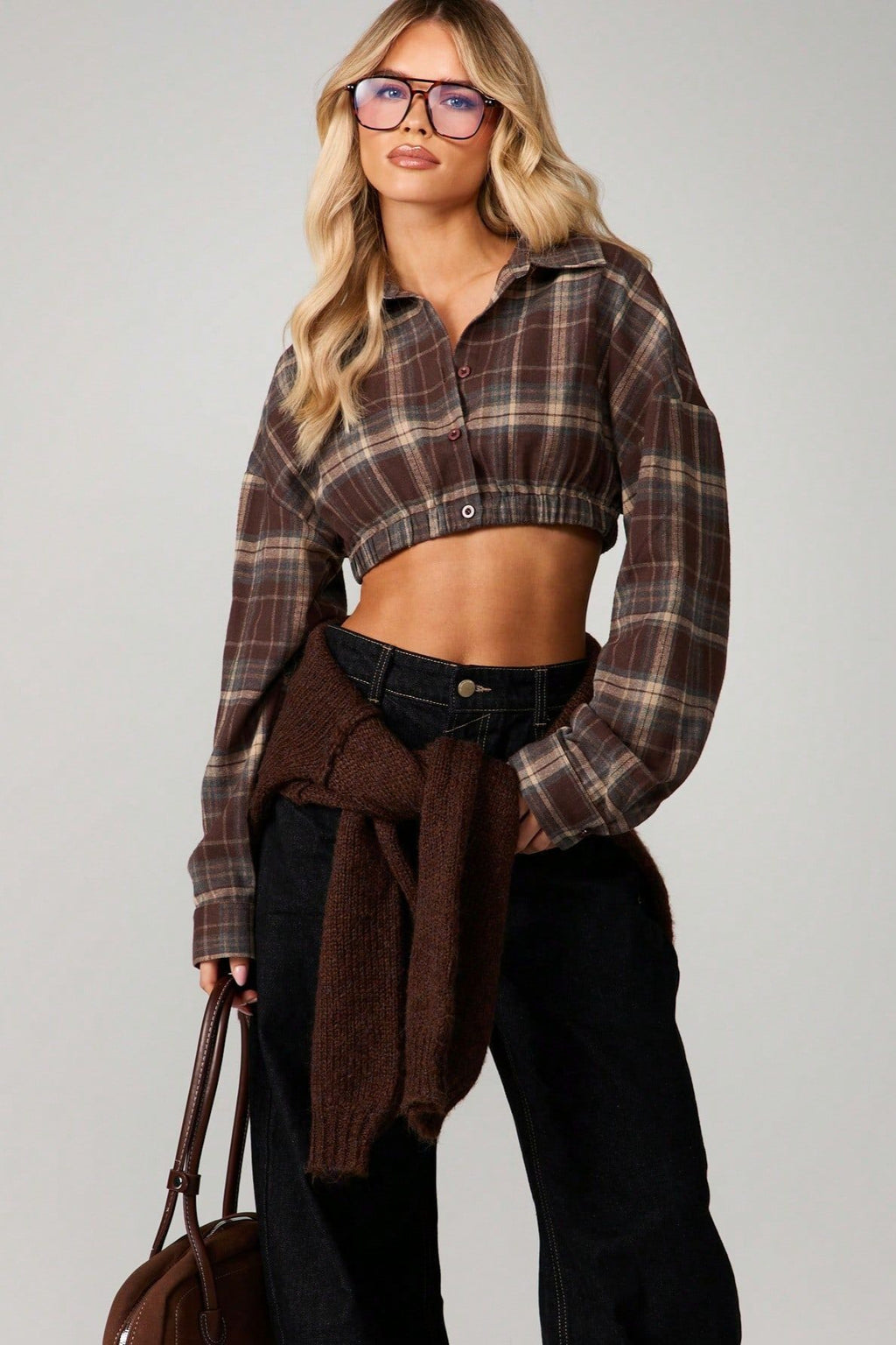 Plaid Elastic Hem Cropped Long Sleeve Blouse