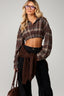 Plaid Elastic Hem Cropped Long Sleeve Blouse