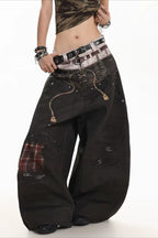 Layered Waist Graphic Print Baggy Jeans