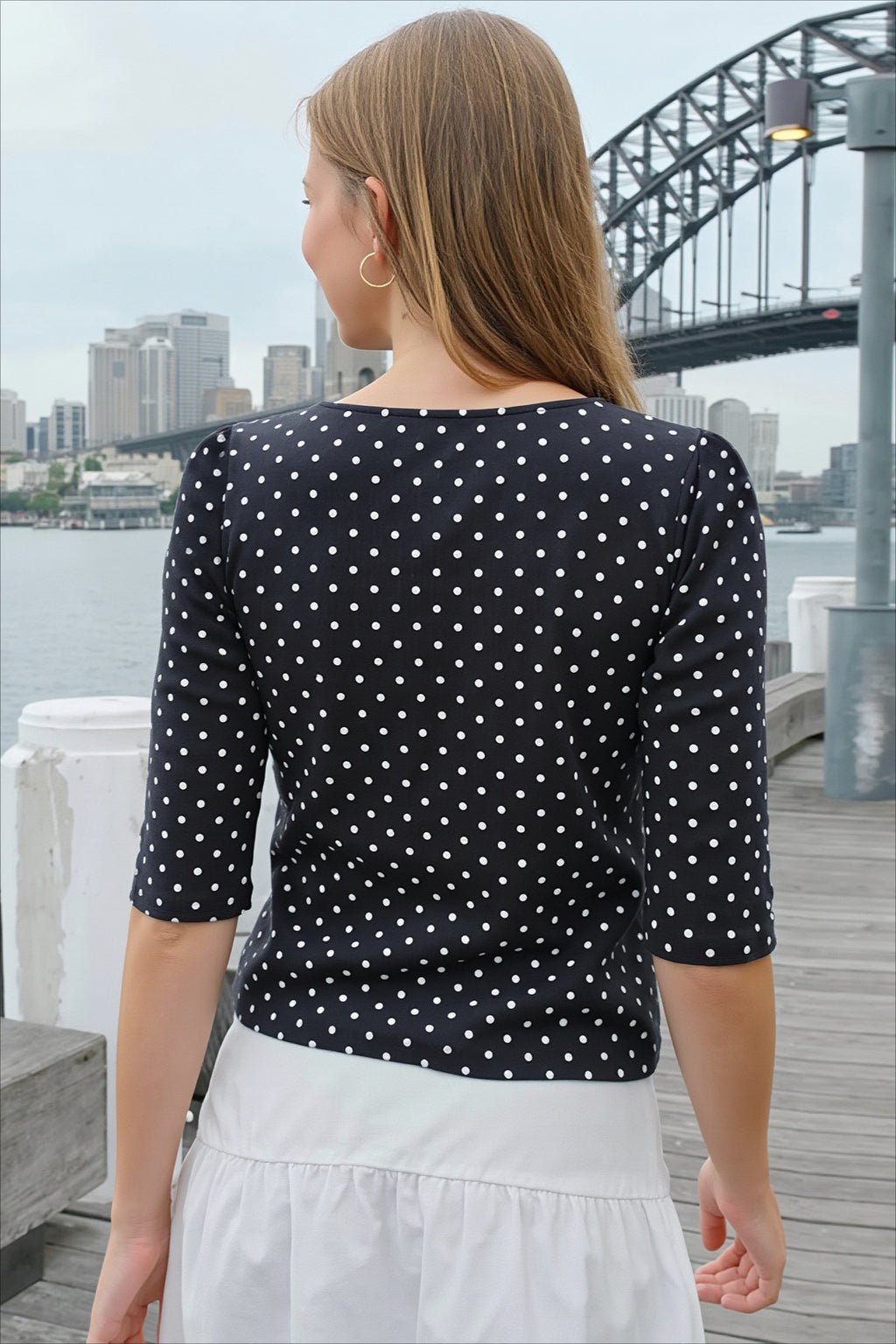 Polka Dot Three Quarter Sleeve Fitted T-Shirt