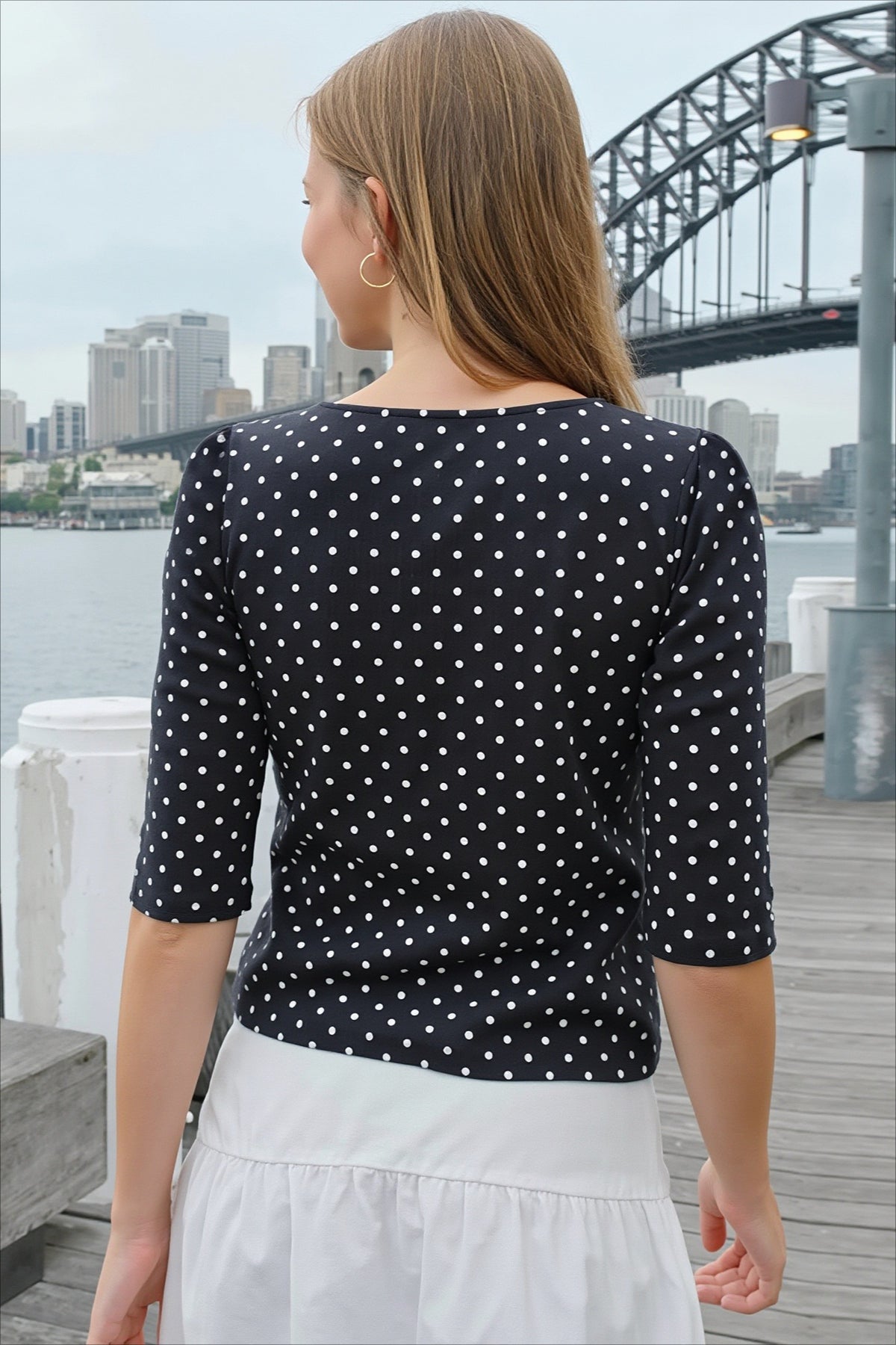 Polka Dot Three Quarter Sleeve Fitted T-Shirt