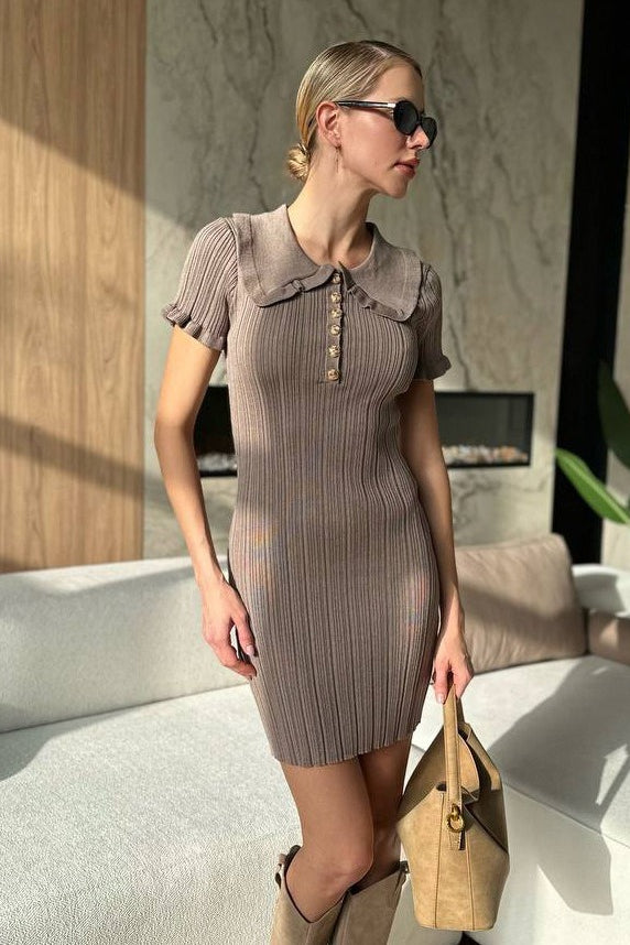 Fitted Peter Pan Collar Short-Sleeve Cable-Knit Sweater Dress Main image