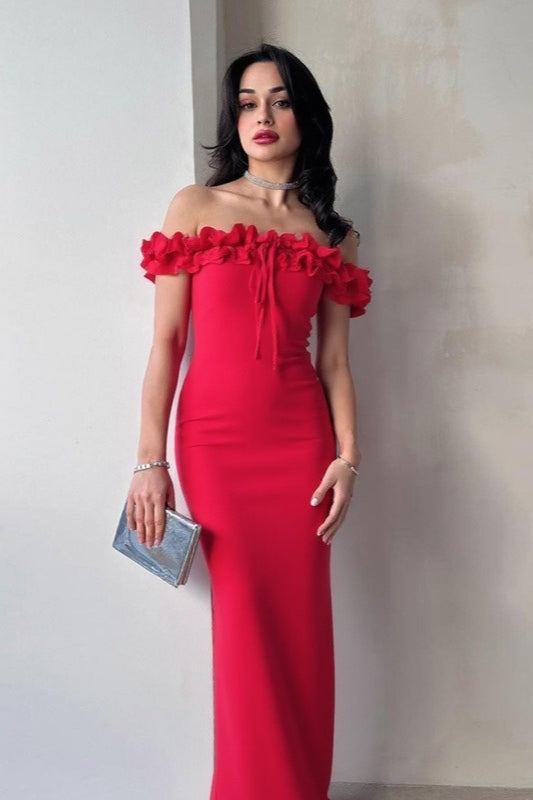 Ruffle Trim Bardot Party Dress Main image